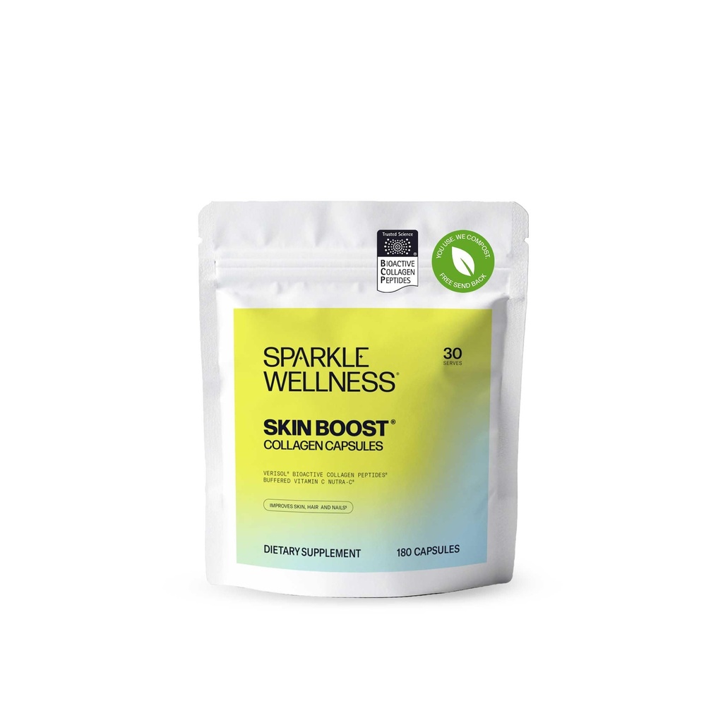 Sparkle Wellness Skin Boost Collagen Capsules (180 Pills) | 30 Days of 2500mg VERISOL Collagen Peptides & Vitamin C | Improves Skin Elasticity & Appearance of Fine Lines | Strengthens Hair & Nails