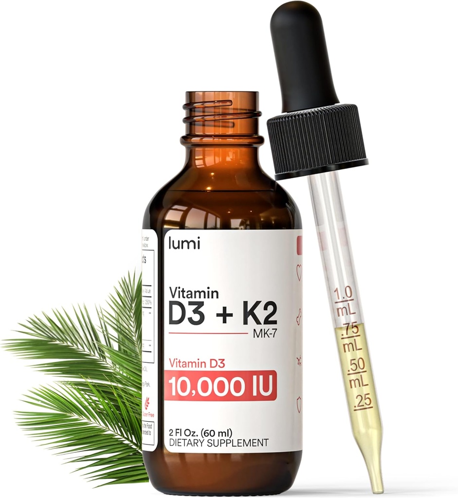 lumi vitamin D3 K2 MK7 w Palm MCT Oil - 10000 IE D3, 200 mcg K2 MK7- 60ml Liposomal Absorption Sublingual Liquid Drops - Non- GMO, Vegan, Unflavored Liquid - Monthly Supply - 2 Fl Oz