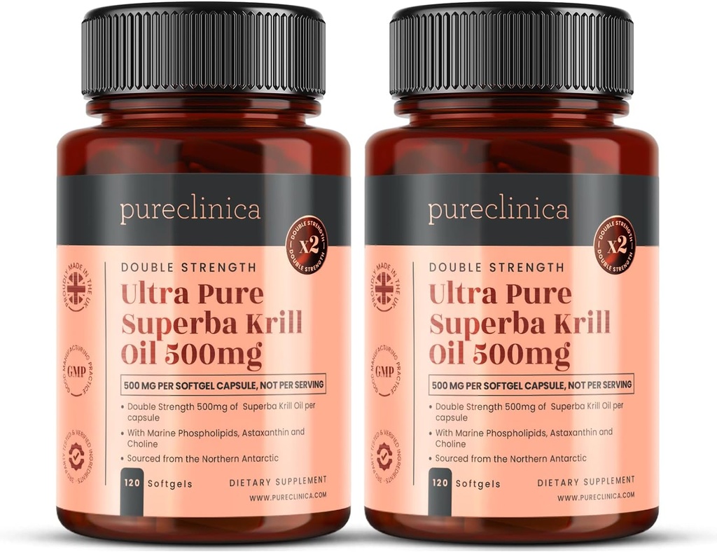 Ultra Pure Krill Oil 500mg x 240 Kapsler (2 flasker) - Sourced i de uforurenede vande Antarktis giver en rig forsyning af Astaxanthin, Omega 3, og D-vitamin