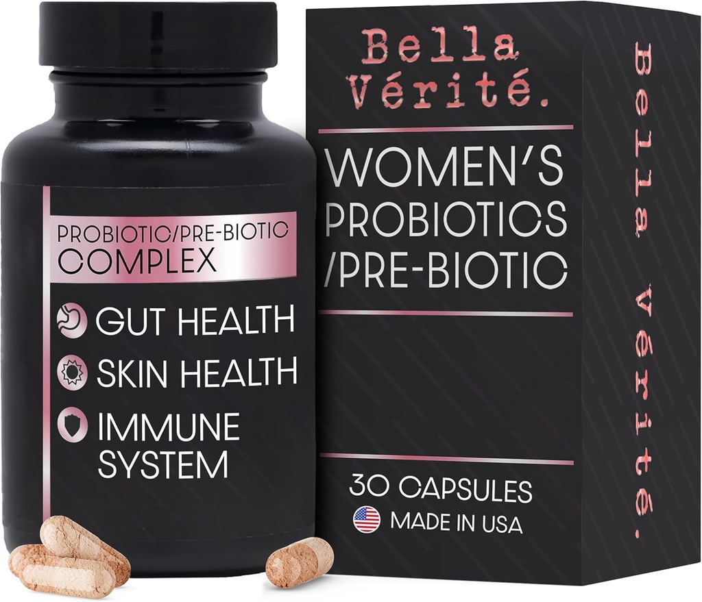Bella Vérité. Probiotisk & Prebiotisk Complex - Støtte kvinders fordøjelse & Gut Sundhed - 3.45 Millioner CFU Lactobacillus Probiotika til Clearer Skin - Dagligt probiotisk supplement (30 vegetariske kapsler)