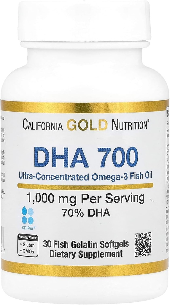 California Gold Nutrition DHA 700 Fish Oil Pharmaceutical Grade Fish Oil med DHA - Support for Brain & Cardiovaskulær Health - Gluten Free, Non- GMO - 1000 mg - 30 Fish Gelatine Softgels