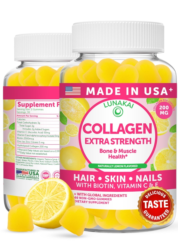 Lunakai USA Made Collagen Peptider Gummies - 200mg Non- GMO Anti- Aging Formel med biotin, zink, Vitamin C & E til hår, hud og negle, 60ct