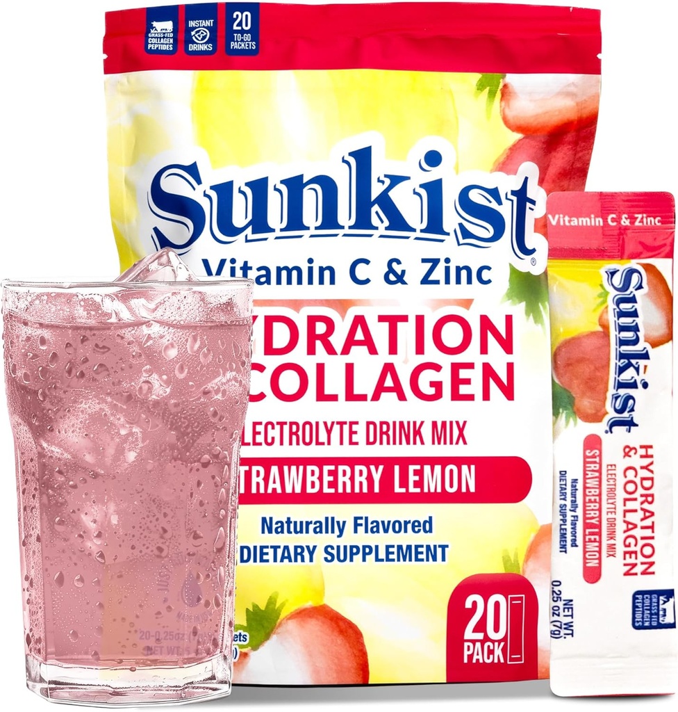 The Frozen Bean Sunkist Collagen Drink Mix - Hydration Strawberry Lemon Electrolyte Drink til kvinder med C-vitamin, zink, Collagen Peptider, naturligt tilsat smag - 20 Pack