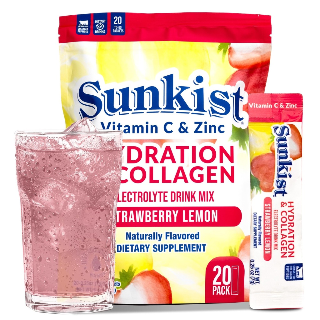 The Frozen Bean Sunkist Collagen Drink Mix - Hydration Strawberry Lemon Electrolyte Drink til kvinder med C-vitamin, zink, Collagen Peptider, naturligt tilsat smag - 20 Pack