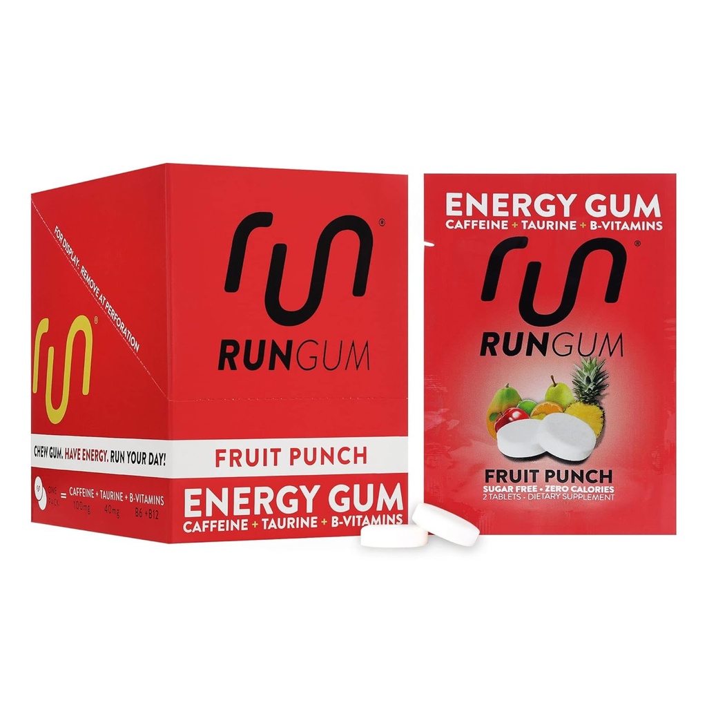 RUN GUM Frugt Punch Energy Chewing Gum 50mg Koffein Taurine & B- Vitaminer Per stykke, 24 stykker (pakke med 12) Sukker fri, Zero Calorie, Ingen aspartam, og Gluten fri, 1 ea
