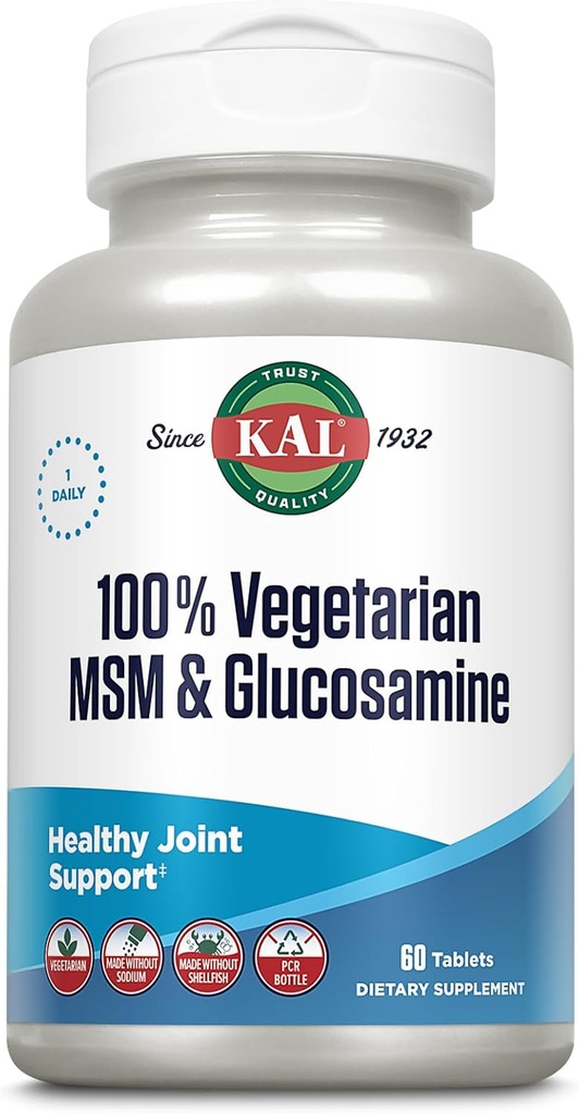 KAL 100% Vegetarisk MSM & Glucosamin - Sund fælles støtte - Vegansk Glucosamin og MSM supplement - Made without Shellfish - Lab Verified - 60-dages garanti - 60 Servering, 60 tabletter