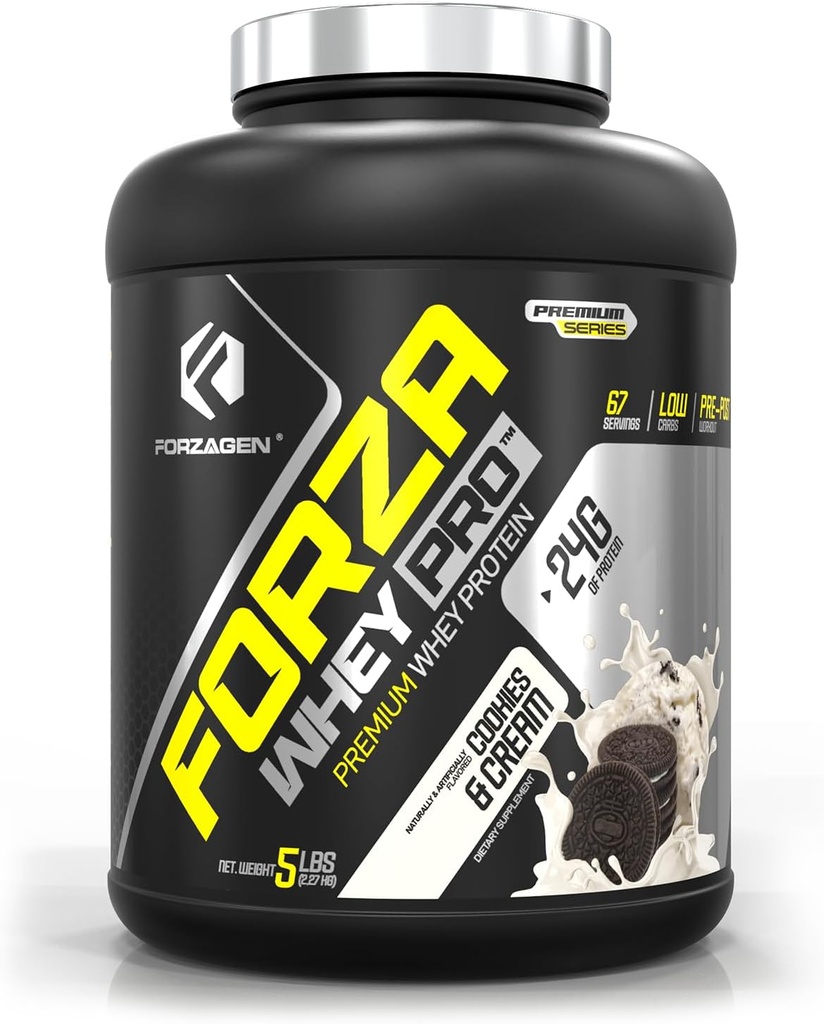 Forzagen Whey PRO Low Carb Protein Powder Budding 124; 24g Protein per Serving, Low- Sugar, Premium Whey for shakes & mikes for mænd & kvinder, BCAA Budding 124; Cookies & Cream, 5 lbs. (67 Servere)