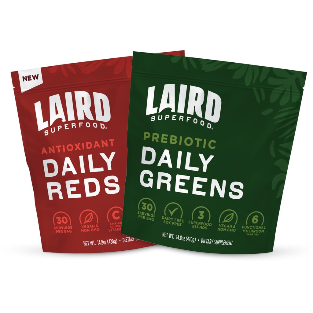 Laird Superfood Red & Greens Bundle, Prebiotic Daily Green og Antioxident Daily Red Powder, 14.8oz