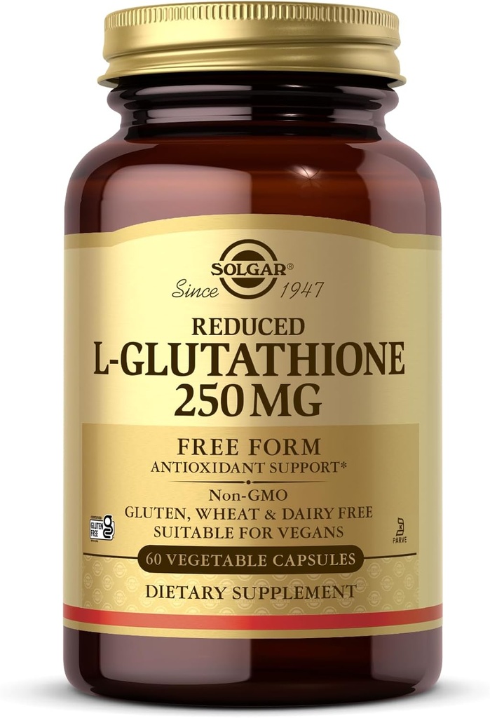 Solgar Reduceret L- Glutathion 250 mg - 60 Vegetabilske kapsler - Antioxidant Support - Non-GMO, Vegan, Gluten Free, Dairy Free, Kosher - 60 Servere