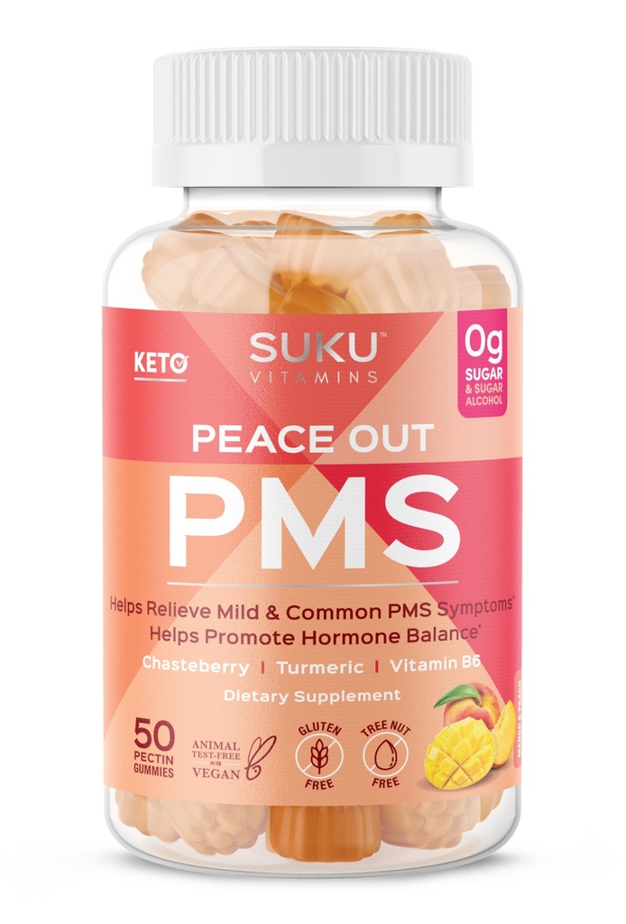 SUKU Vitaminer - PMS Gummy supplement med Chasteberry til lindring PMS og menopause Peach Mango Gummies (50 Greve)