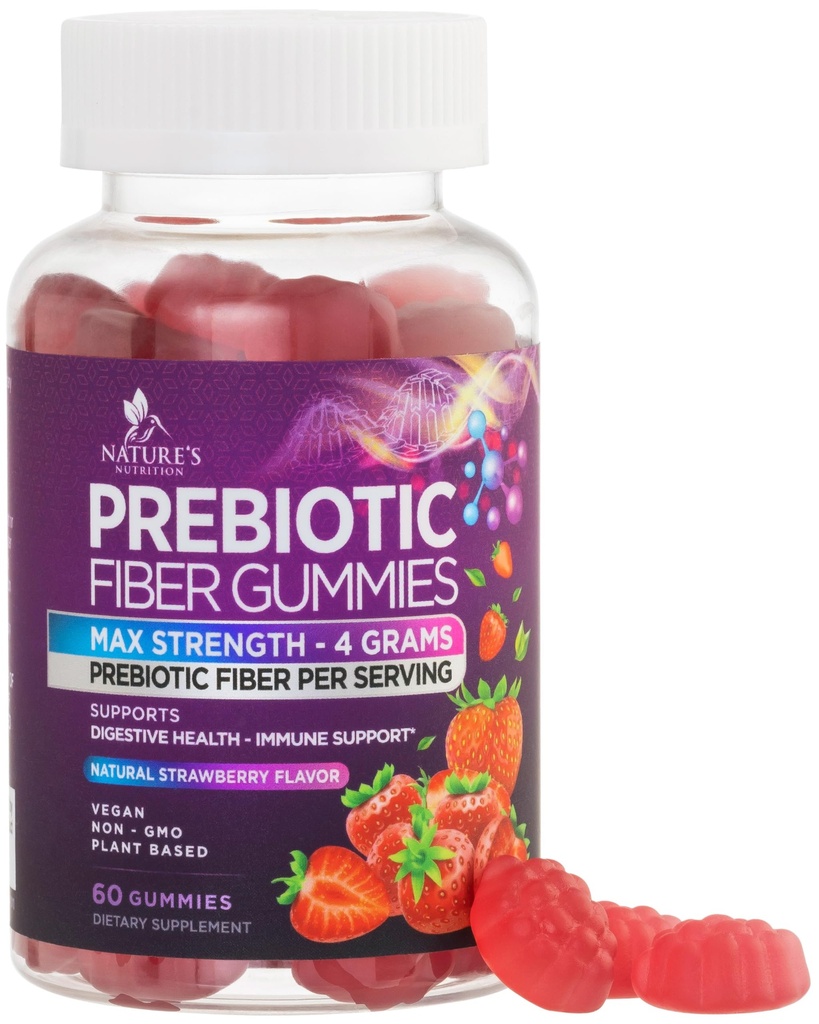 Fiber Gummies for voksne, Daily 4g Gummy Fiber Supplement, Prebiotic Gummy fordøjelsesstøtte - Plant baseret Opløselige Fiber Chews, Prebiotics understøtter regelmæssighed og fordøjelse Non- GMO - 60 Gummies
