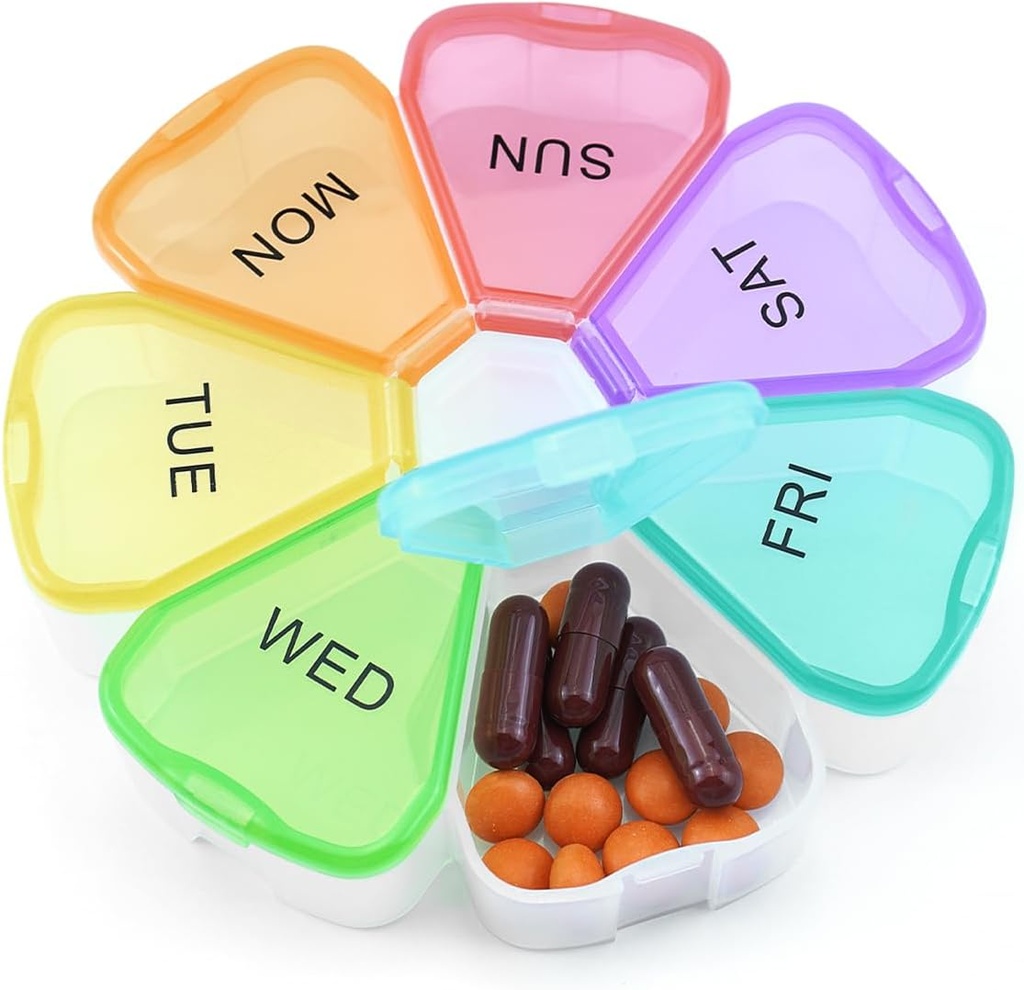 Quacc Cute Weekly Pill Organizer Rejser 7 Dag Portable runde Floral Pill Case Box Pill Container Medcinholder til store Vitamin Fish Oil Pill Medicin supplement Opbevaring - Rainbow