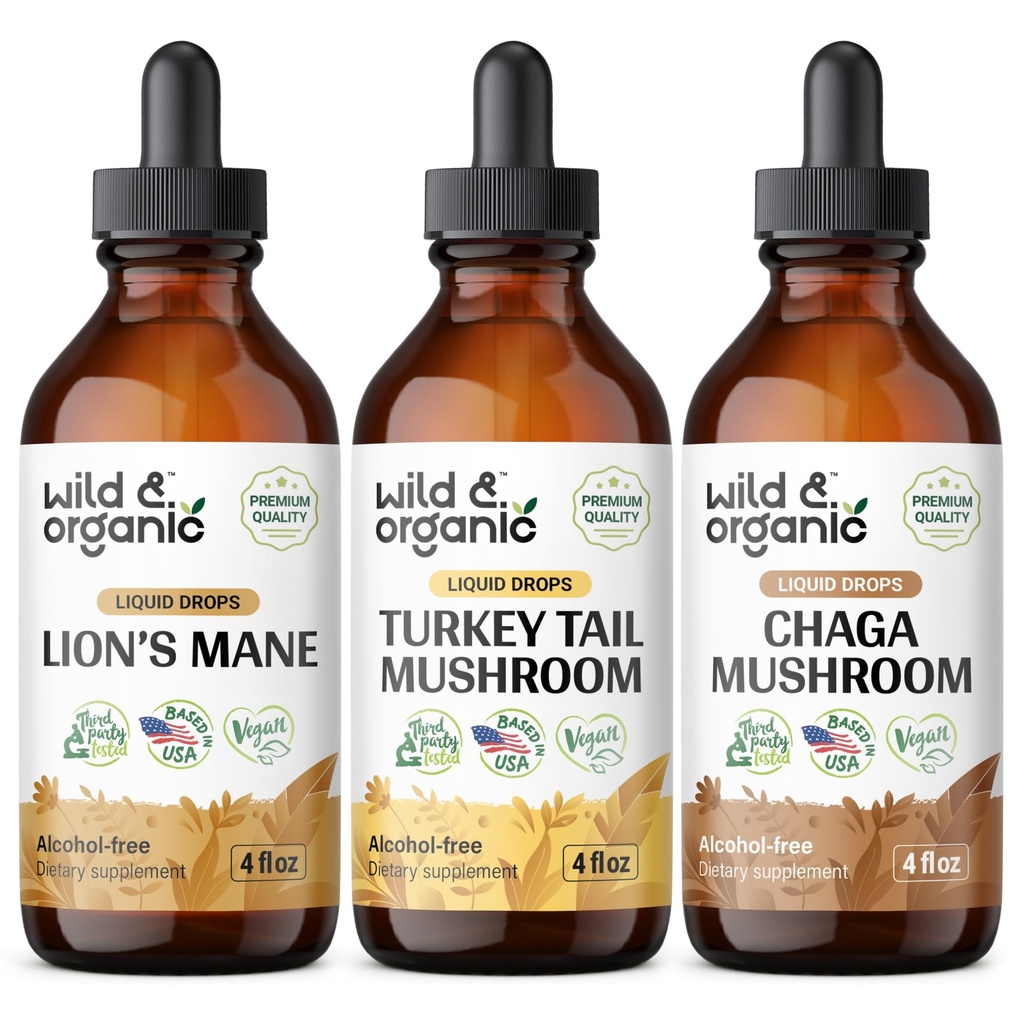 Wild & Organic Lions Mane, Tyrkiet Tail & Chaga Mushroom Tinctures