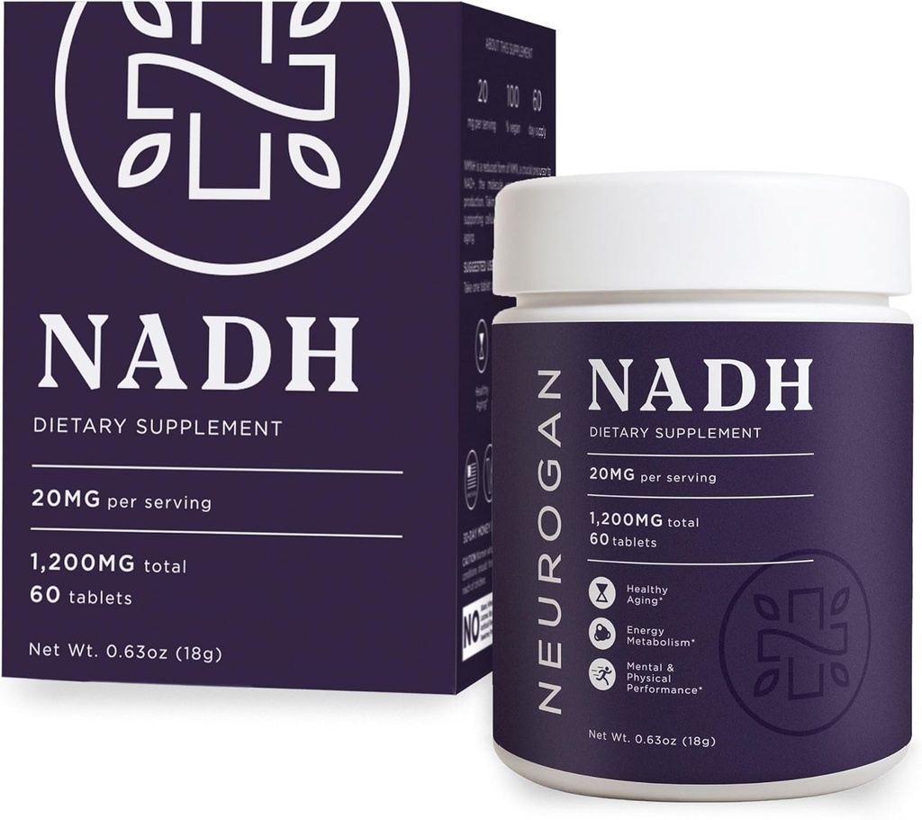 Neurogan NADH tabletter - 20 mg per servering, 60 Ct - Cellulær energi, sund aldring, kognitive, hjerte sundhed kosttilskud - Nicotinamid Adenine Dinukleotid Hydrid Reduceret NAD supplement