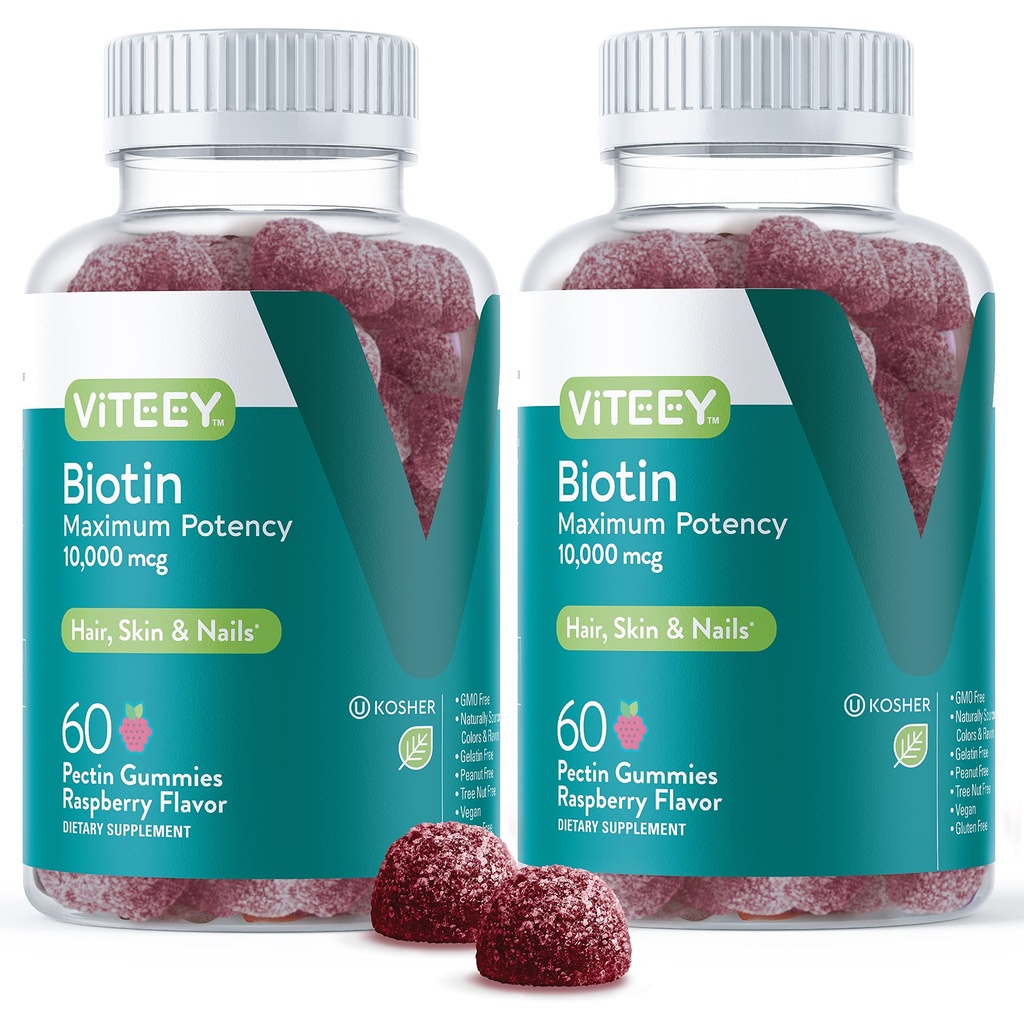 Viteey Biotin Gummies for hår hud og negle - Biotin for hårvækst Gummies - 10.000 mcg - Vegan, Gluten- Free, Non- GMO - 120 Greve