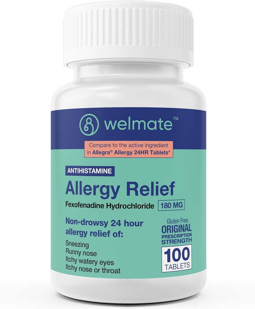 WELMATE - Allergi Relief - Fexofenadine HCl 180 mg - 24 timers non- Drowsy Antihistamin - Nysen - Runny Næse - Itchy Eyes, Næse & Hals - Allergy Relief Tablets - 100 Greve