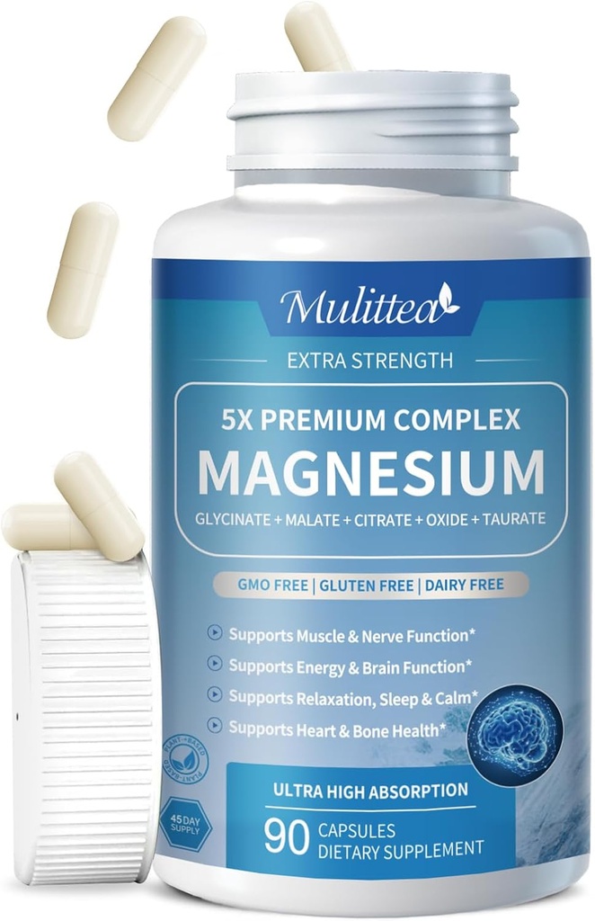 Magnesium Complex Chelated Magnesium Glycinate w / Malat, Taurate & Herbal Extracts for Support Sleep, Muscle, Cortisol & Heart Health, Gluten Free, Vegan, Non GMO, High Absorption, 90 Kapsler
