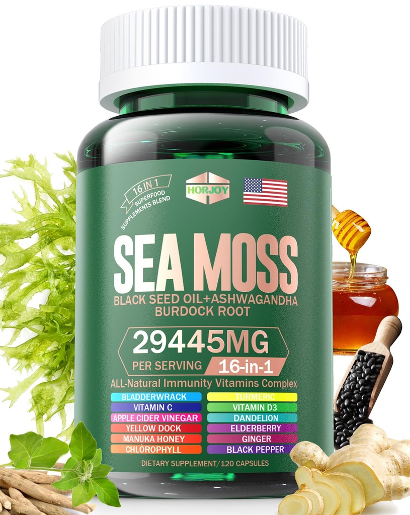 Sea Moss 12000mg Black Seed Oil 6000mg Ashwagandha 3000mg Gurkemeje 1000mg Bladerwrack 2000mg Burdock 3000mg & vitamin C & D3 med Elderberry Manuka Mælelion Gul Dock Jod Chlorophyll ACV