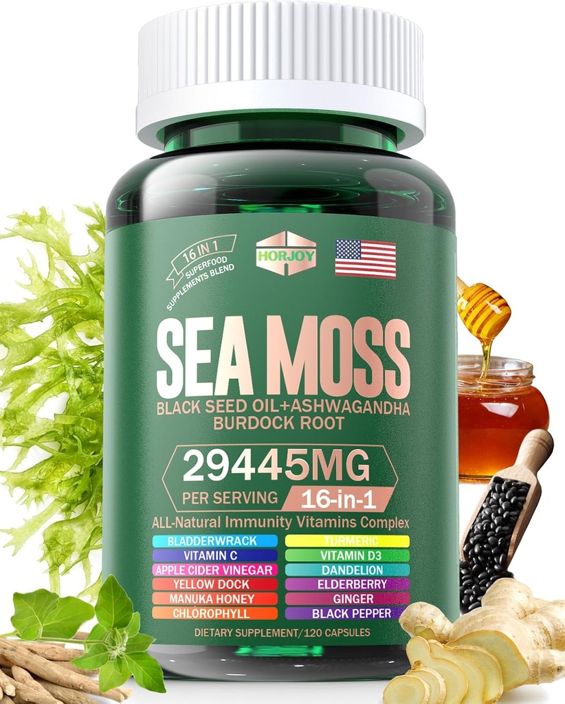 Sea Moss 12000mg Black Seed Oil 6000mg Ashwagandha 3000mg Turmeric 1000mg Bladderwrack 2000mg Burdock 3000mg & Vitamin C & D3 with Elderberry Manuka Dandelion Yellow Dock Iodine Chlorophyll ACV
