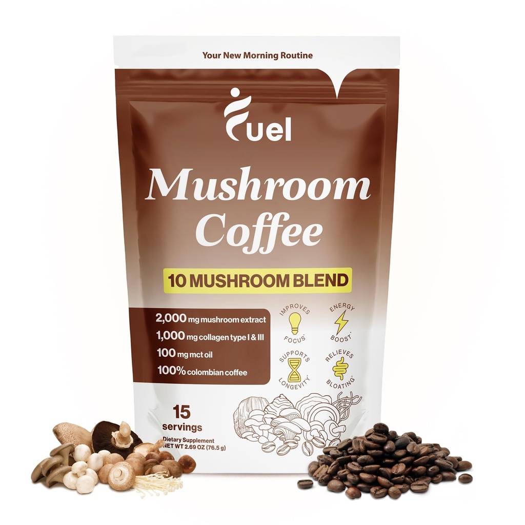 Fuel Nutrition Pro Collagen & Mushroom kaffe til vægttab, Lions Mane, Chaga & Mushroom pulver, Lav Koffein Økologisk Instant Kaffe, 15 Servering