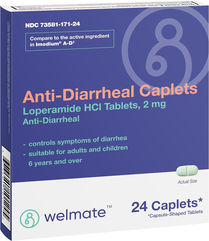WELMATE - Anti- Diarré kapsler (24 kapsler) - Loperamid HCL 2 mg - Diarré Symptomer Relief - Upset Mave Reliever - Anti Diarré piller - Over- The- Counter Medication