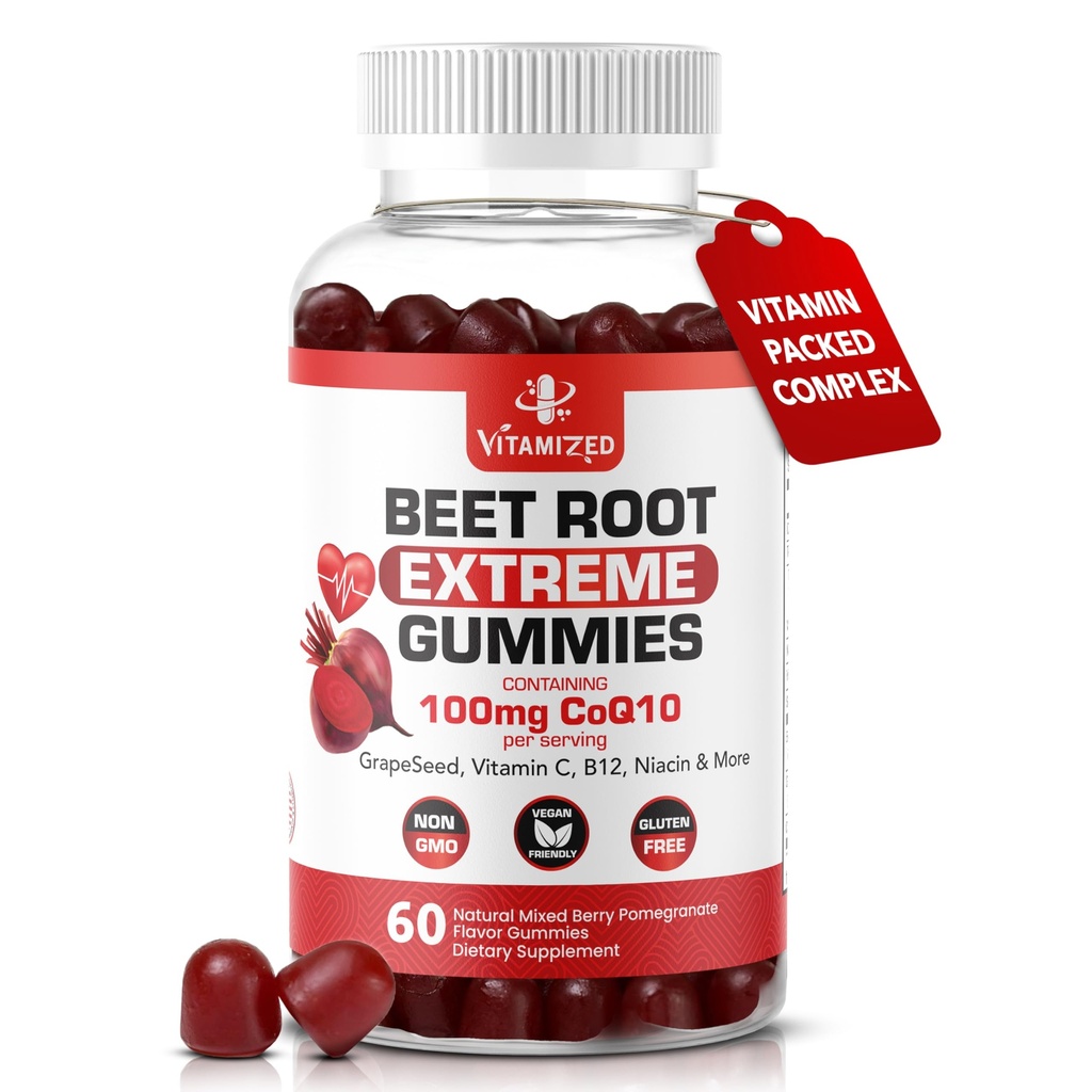 Extreme Beetroot Formel & COQ10 100mg med Grape Seed Extract, for Circulation Energy & Flow, 1500mg Beet Root Gummies Extract Gluten Free 60