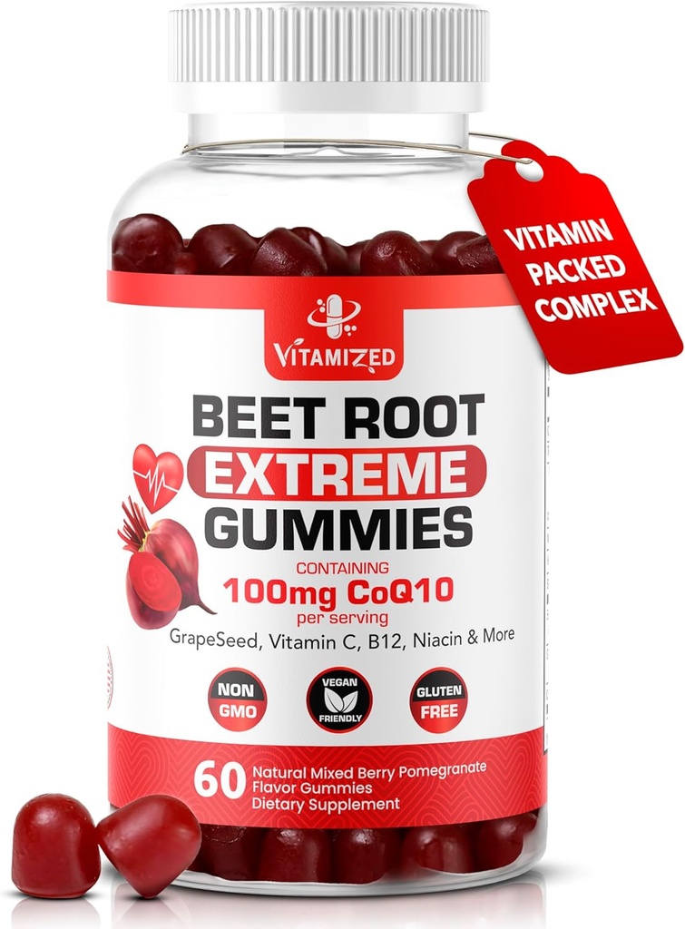 Extreme Beetroot Formel & COQ10 100mg med Grape Seed Extract, for Circulation Energy & Flow, 1500mg Beet Root Gummies Extract Gluten Free 60