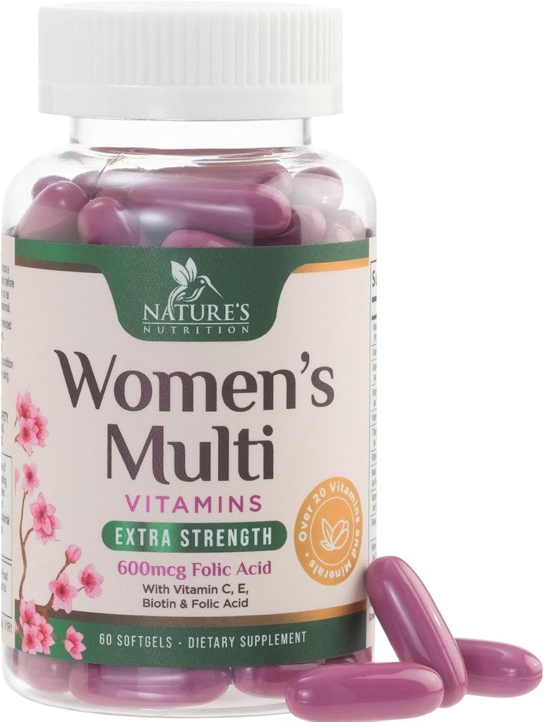 Multivitamin til kvinder med kalcium, folinsyre, vitamin A, C, D, E, & B Vitamin, zink, jern til ben, hud & immunforsvar, Nature 's Daily Womens Multivitaminer til energi - 60 Softgels