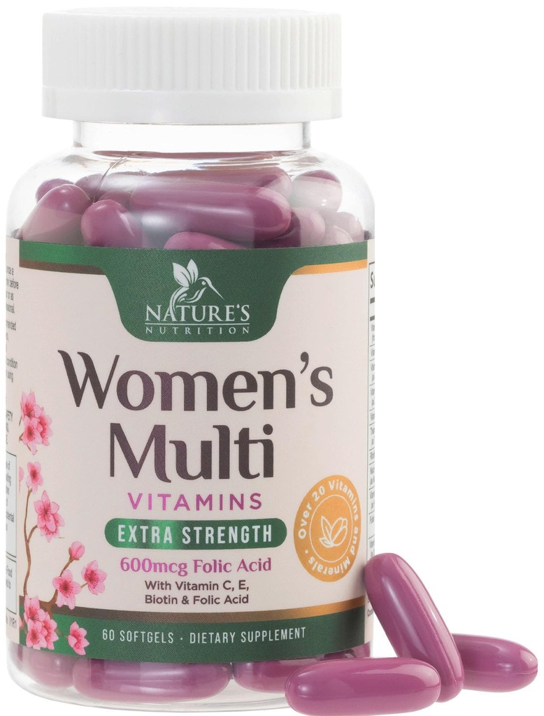 Multivitamin til kvinder med kalcium, folinsyre, vitamin A, C, D, E, & B Vitamin, zink, jern til ben, hud & immunforsvar, Nature 's Daily Womens Multivitaminer til energi - 60 Softgels