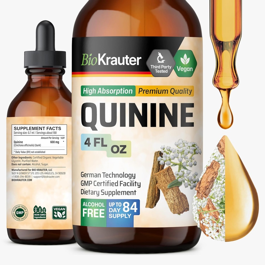 BIO KRAUTER Quinin til Leg Cramps Tincture - Cinchona Bark Extract - Vegan Quinine Liquid - Alkohol & Sugar Free Extract 4 Fl.Oz.