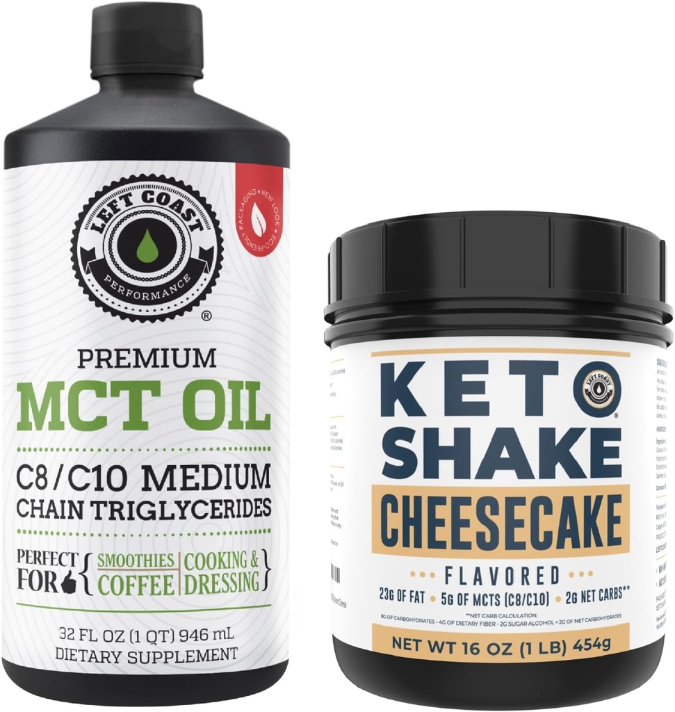 Venstre kyst Performance 100% kokos MCT Oil Liquid, 32oz + Cheesecake Keto Meal Erstatning Shake, 16oz