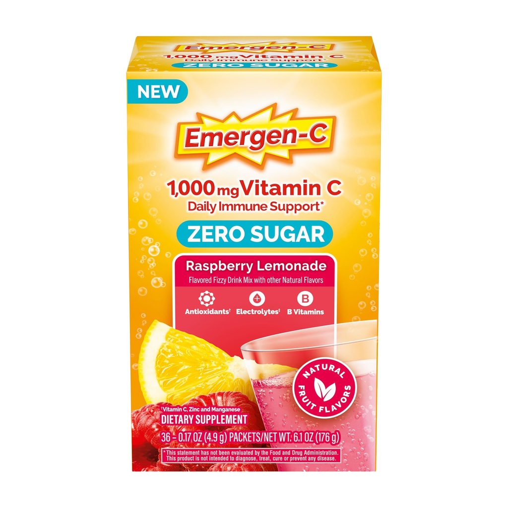 Emergen- C Zero Sugar 1000 mg vitamin C pulver til daglig immunforsvar Koffein Gratis C-vitamin Kosttilskud med zink og mangan, B Vitaminer og elektrolyter, Raspberry Lemonade Flavor - 36 Greve
