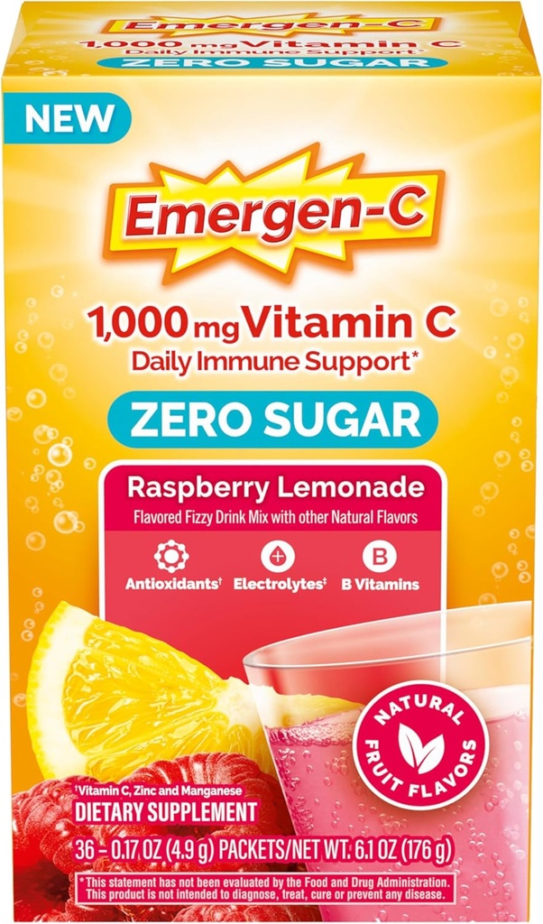 Emergen- C Zero Sugar 1000 mg vitamin C pulver til daglig immunforsvar Koffein Gratis C-vitamin Kosttilskud med zink og mangan, B Vitaminer og elektrolyter, Raspberry Lemonade Flavor - 36 Greve