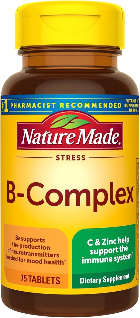 Nature Made Stress B Kompleks med C-vitamin og zink, Kosttilskud til immunforsvar, 75 tabletter, 75 dages forsyning