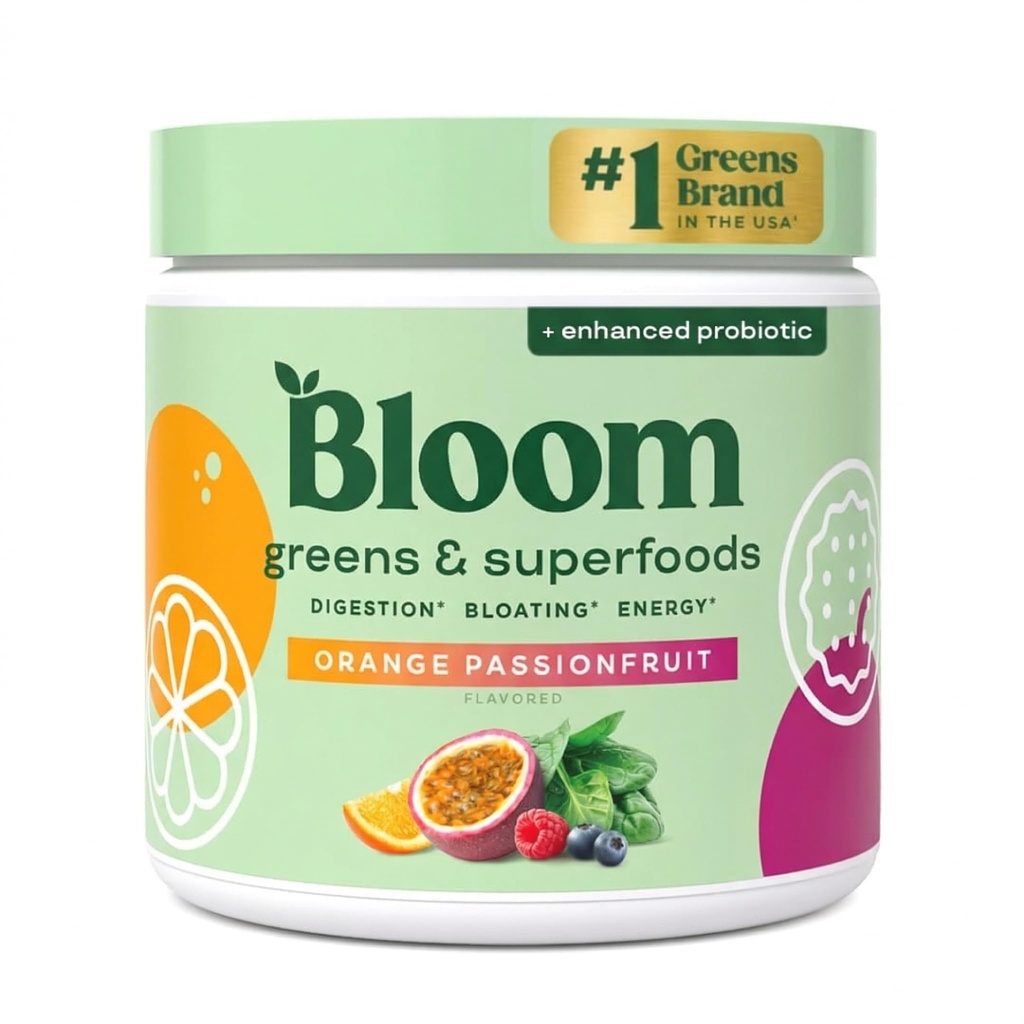 Bloom Nutrition Superfood Green Powder, fordøjelsesenzymer med probiotika og Prebiotika, Gut Health, Bloating Relief for Women, Chlorella, Juice Mix w / Beet Root Powder, 30 SVG, Orange Passionsfrugt