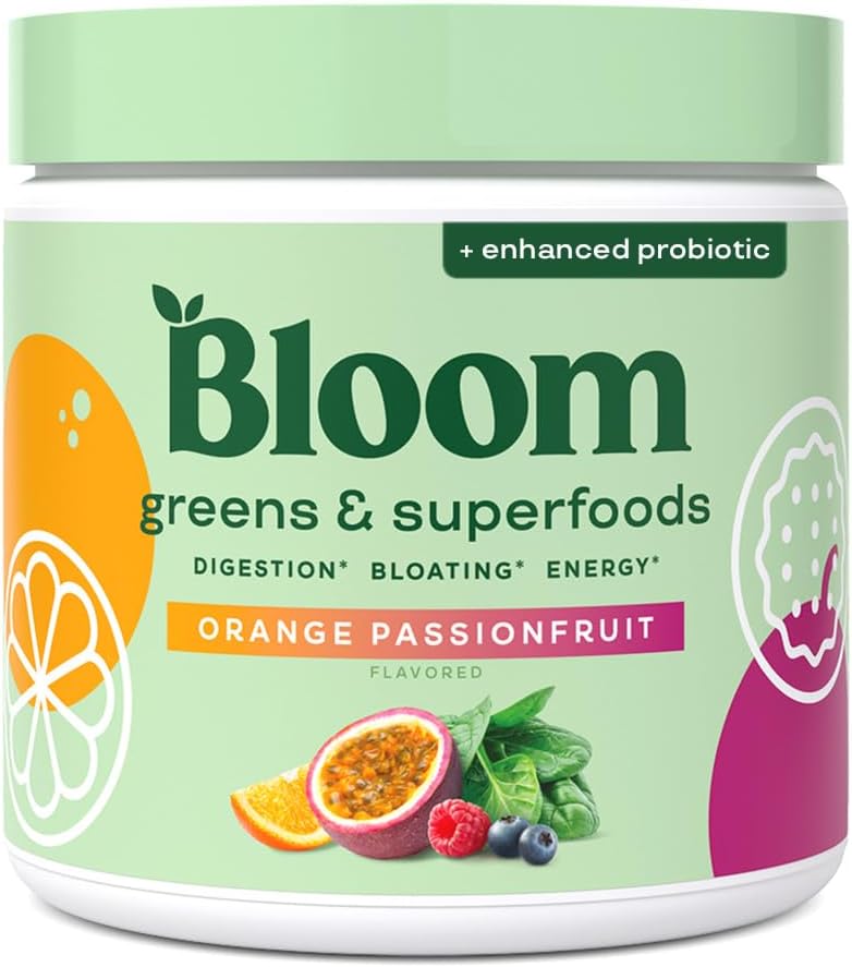Bloom Nutrition Superfood Green Powder, fordøjelsesenzymer med probiotika og Prebiotika, Gut Health, Bloating Relief for Women, Chlorella, Juice Mix w / Beet Root Powder, 30 SVG, Orange Passionsfrugt