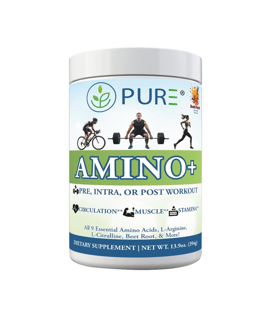 PURE Amino + Drink Mix, Fruit Splash, 9 Essential Aminosyrer, L-Arginin, L-Citrullin, 501g, 30 Servering, Premium Wellness supplement