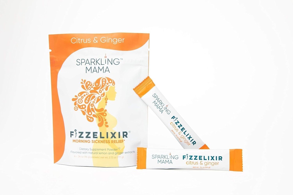 SPARKLING MAMA: Morgenkvalme drik, Fizzelixir Effervescent Mix Settles The Mavn, Graviditet, 1. Trimester, IBS, Kvalme, USA Made (Vitamin B6, Magnesium & Folsyre), Citrus & Ginger 18 Sticks