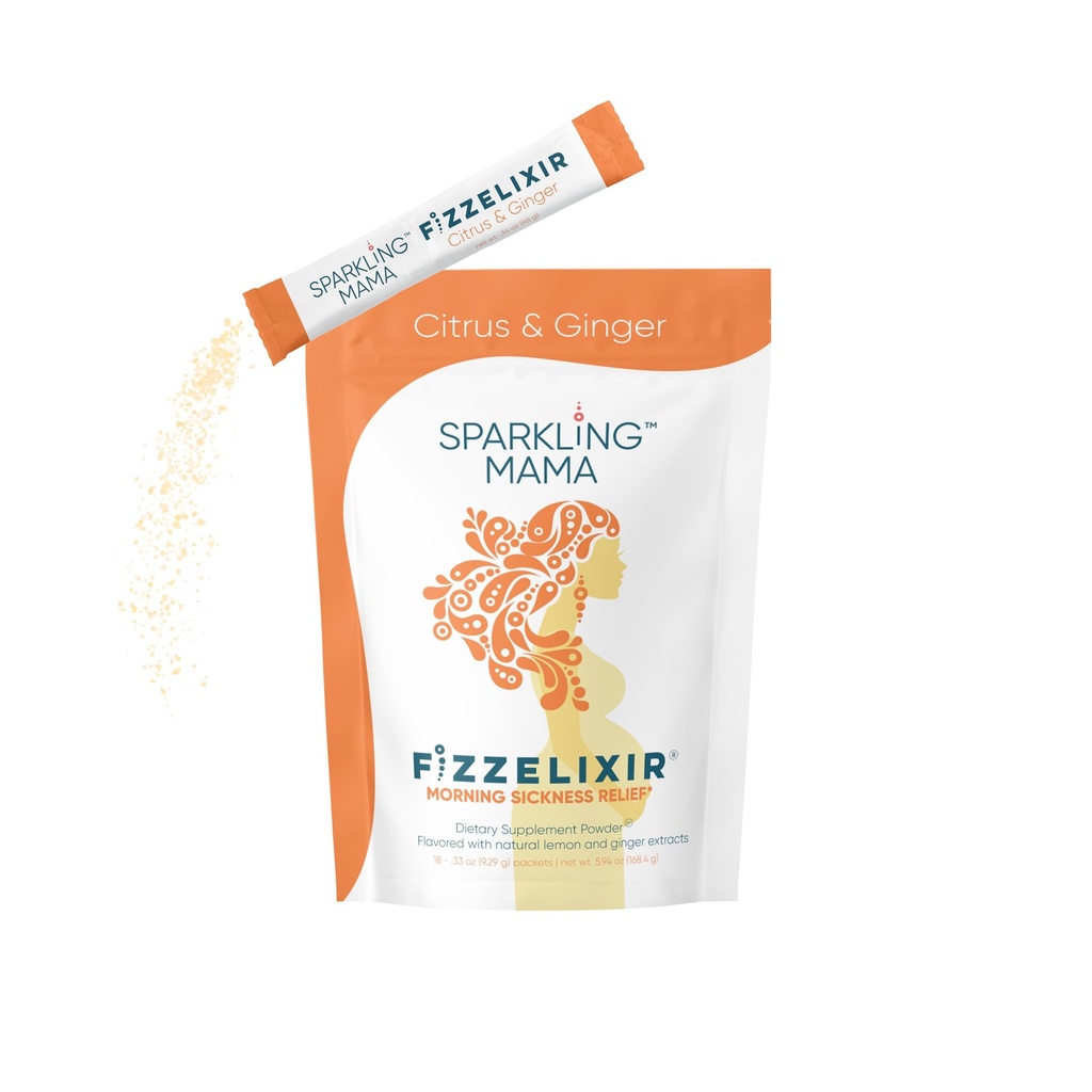 SPARKLING MAMA: Morgenkvalme drik, Fizzelixir Effervescent Mix Settles The Mavn, Graviditet, 1. Trimester, IBS, Kvalme, USA Made (Vitamin B6, Magnesium & Folsyre), Citrus & Ginger 18 Sticks