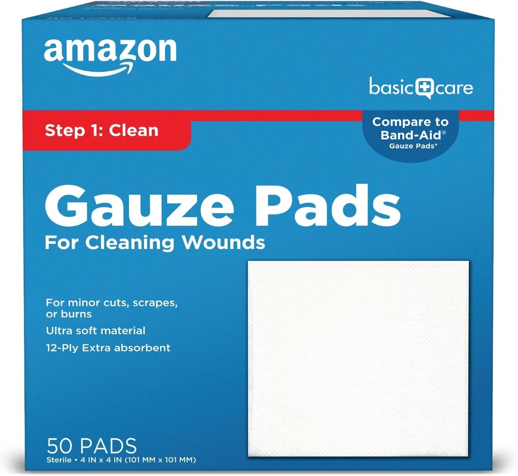 Grundlæggende pleje Gauze Pads, 4x4 inches Sterile Medical Wound Dressing Sponges for Rengøring, Dækning, & Cushioning Cuts & Mindre Skader, 50 Greve (Pack of 1), (Tidligere All Health)