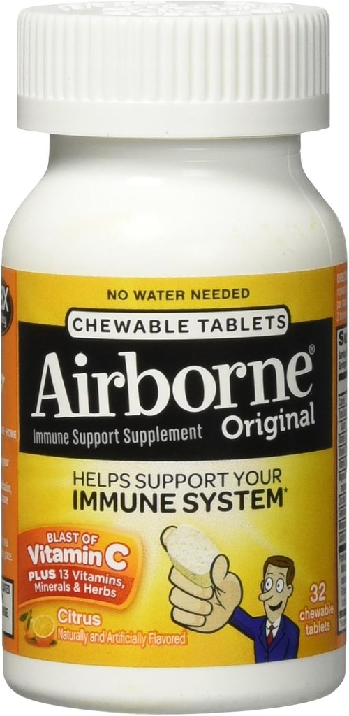 Airborne Citrus Chewable Tablets, 32 tæller - 1000 mg C-vitamin - immunsupporttilskud (Packaging May Vary)