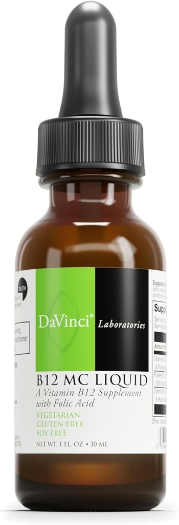 DAVINCI Labs B- 12 MC Væske - Kosttilskud til støtte Kardiovaskulær sundhed, energi og sundt blod og nerveceller - med B6-vitamin, B12 og folat - Gluten- fri - Vegetar - 30 ml