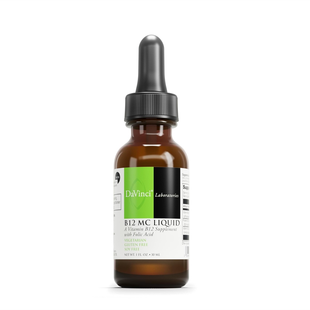 DAVINCI Labs B- 12 MC Væske - Kosttilskud til støtte Kardiovaskulær sundhed, energi og sundt blod og nerveceller - med B6-vitamin, B12 og folat - Glutenfri - Vegetar - 30 ml