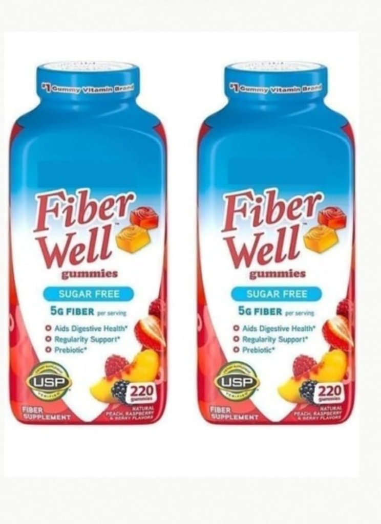 Fiber Well Sugar Free Gummies Supplement, Peach, Strawberry and Berry Flavored (2 flasker, Sukker Free)