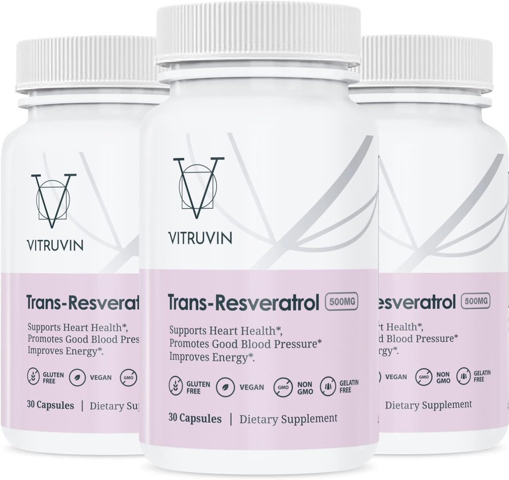 Vitruvin Trans- Resveratrol 500mg, 3 flasker Pack, Vegan, Non- GMO, Gluten- Free, Gelatin- Free.