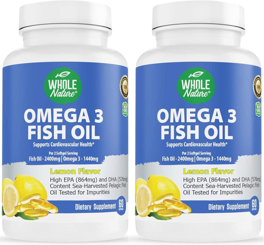 Omega 3 Fish Oil Kosttilskud, maksimal styrke 2400 mg Omega-3, 1440mg Fish Oil, EPA og DHA Fedtsyrer, hjerte, hjerne og immunforsvar for kvinder og mænd. Naturlig Lemon Flavor, 120ct (2)