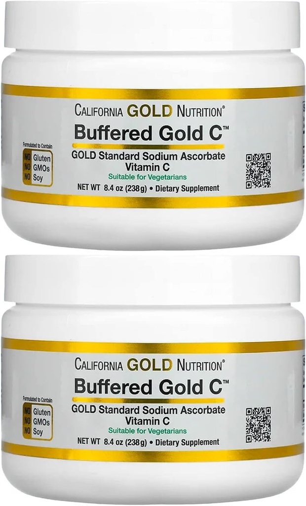 California Gold Nutrition Buffered C-vitamin Powder, Non- Acid, Gold C, USP Grade Natrium Ascorbat, Egnet til Veganere og Vegetarer, 8.40 oz (238 g), 2 Pack