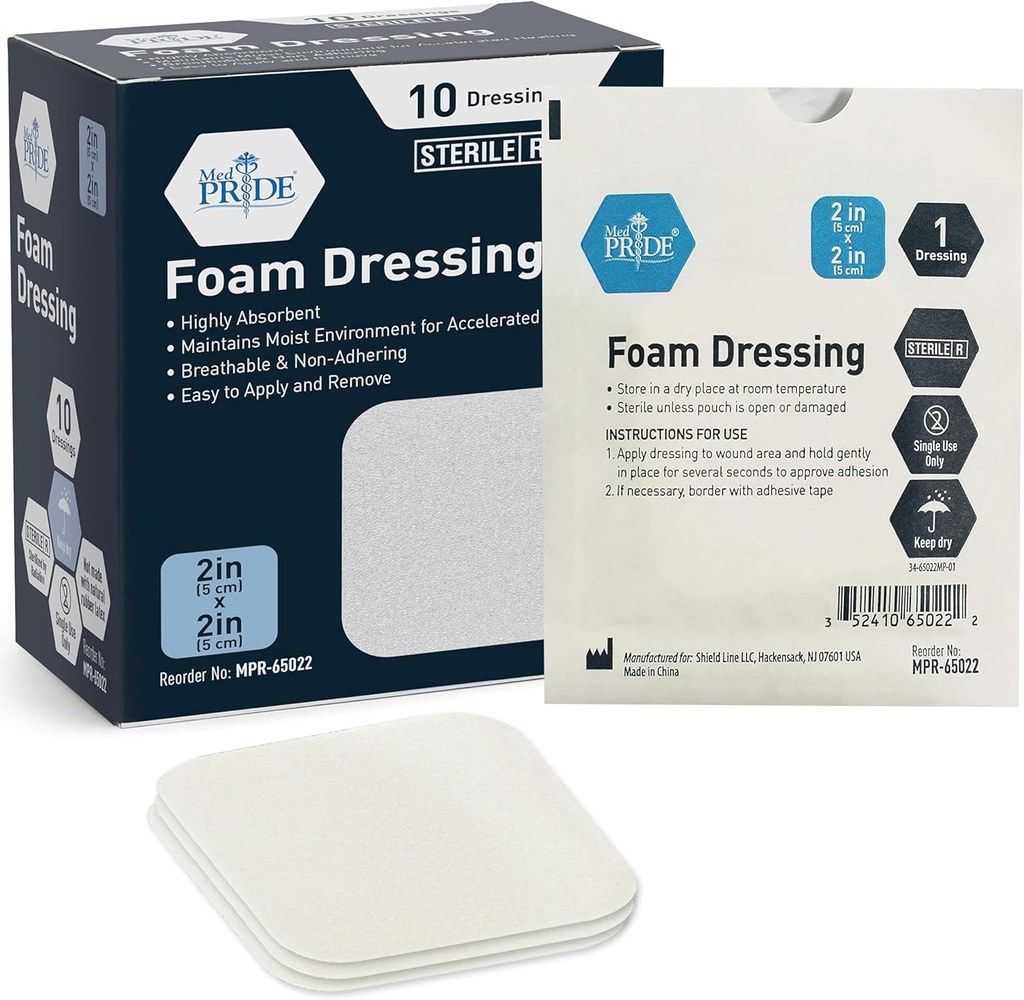 MED PRIDE Steril skum dressinger til sår, Soft Absorbent Non- Adhesive vandtæt medicinsk skum polstring til ulcera, skader (2x2 tommer (pakke med 10))