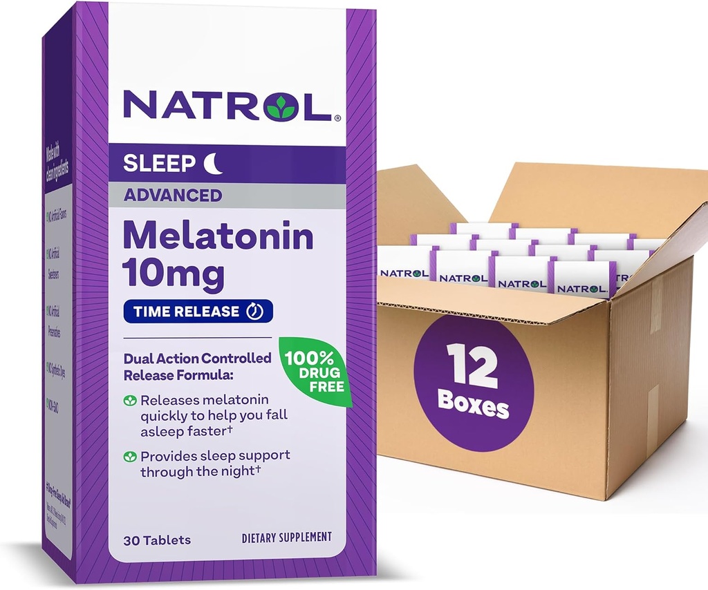 Natrol Advanced Sleep Melatonin 10mg, Kosttilskud til afslappende søvn, Time Release Melatonin Tablets, 30 Time- Release Tablets, 30 Day Supply (pakke med 12)
