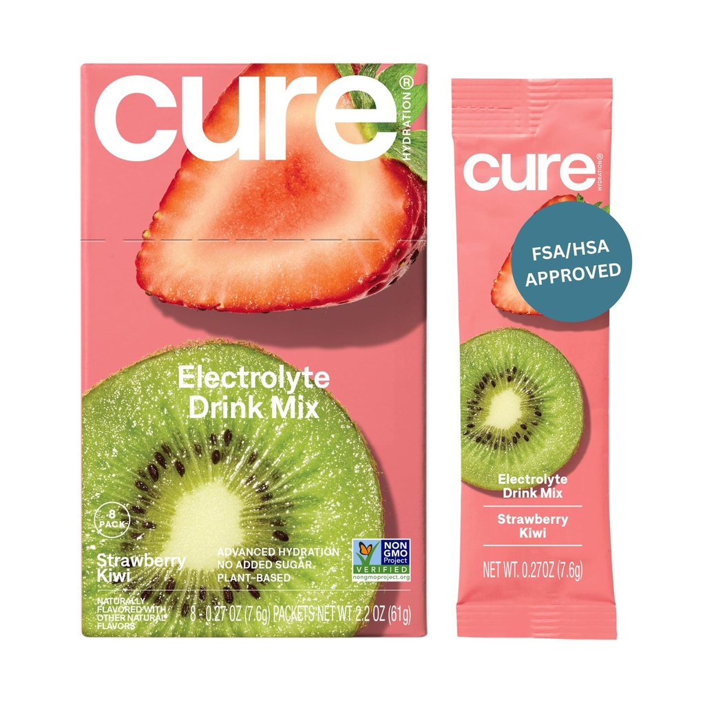 Cure Hydration • 124; Plantbaseret elektrolytdrik • 124; Ingen tilsat sukker • 124; Dehydrering • Hjælpepulver fremstillet med kokos • 124; ikke- GMO • 124; Vegansk • 124; Æske med 8 pakker - Jordbær - Kiwi